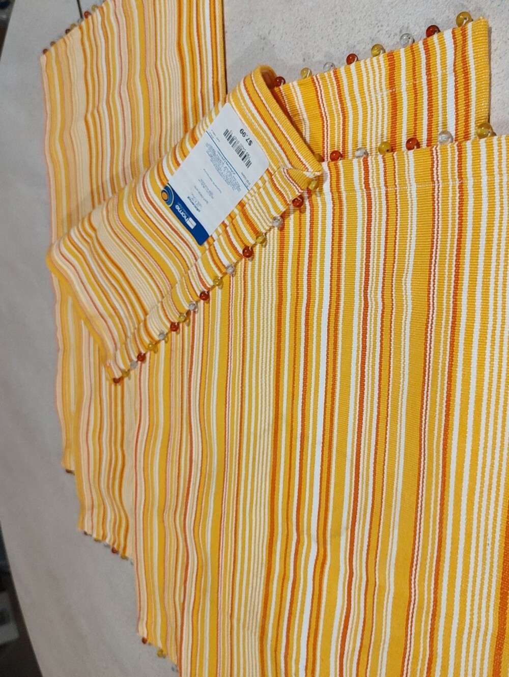 Lot Of 4 Placemats 200% cotton Yellow Orange Striped Beaded Trim Top